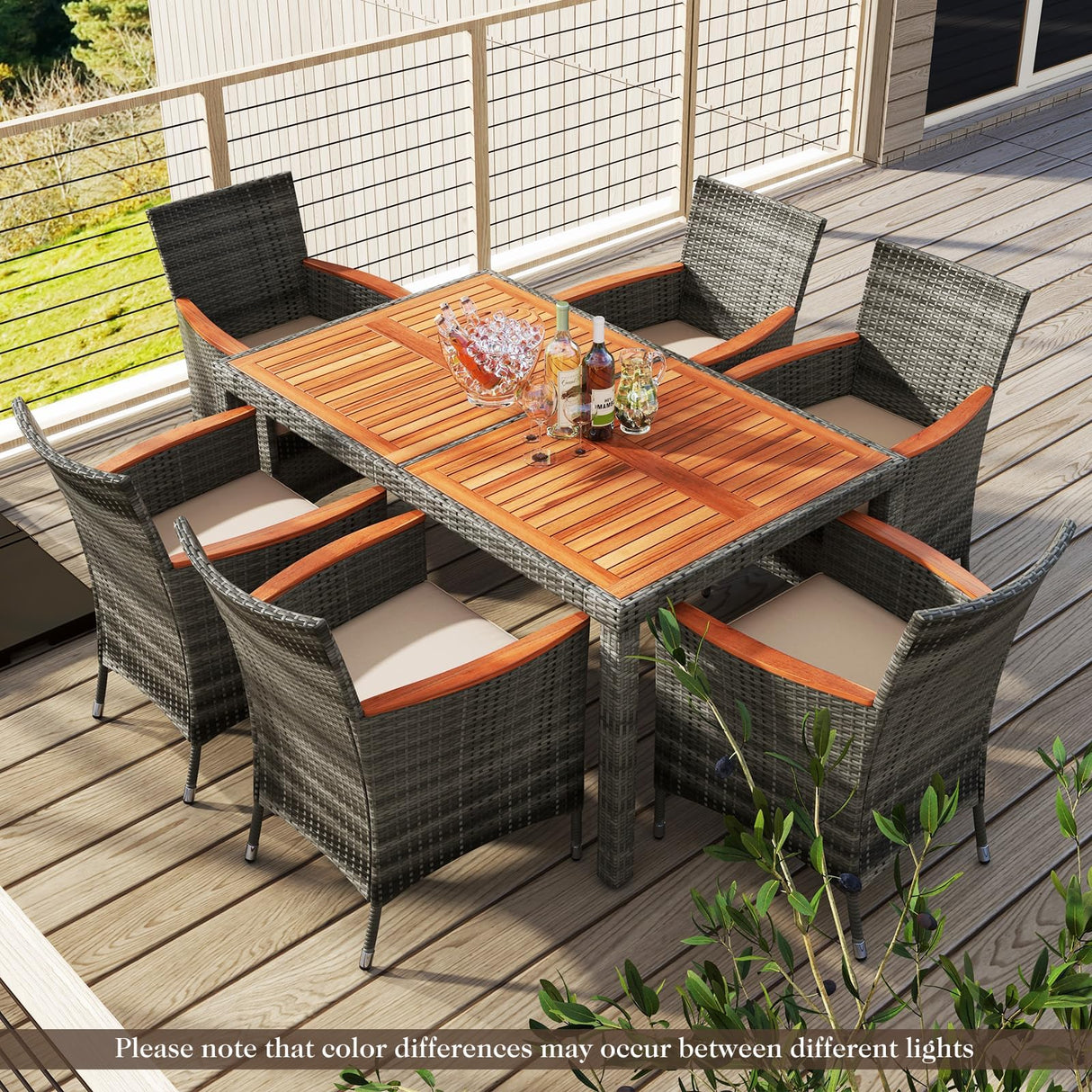 HAPPYGRILL 7 Piece Patio Rattan Dining Set Outdoor Wicker Chair & Table Set, Acacia Wood Tabletop & Armrests, Seat Cushions Included, Space-Saving Dining Set for Poolside Backyard Garden HAPPYGRILL
