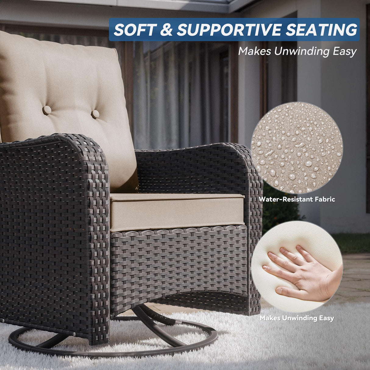 Kurapika 5 Pieces Patio Furniture Set, Rattan Wicker Outdoor Conversation Sets, 4 Woven Rattan Swivel Chairs w/48in Propane Fire Pit Table and Thickened Cushions, Sand Kurapika