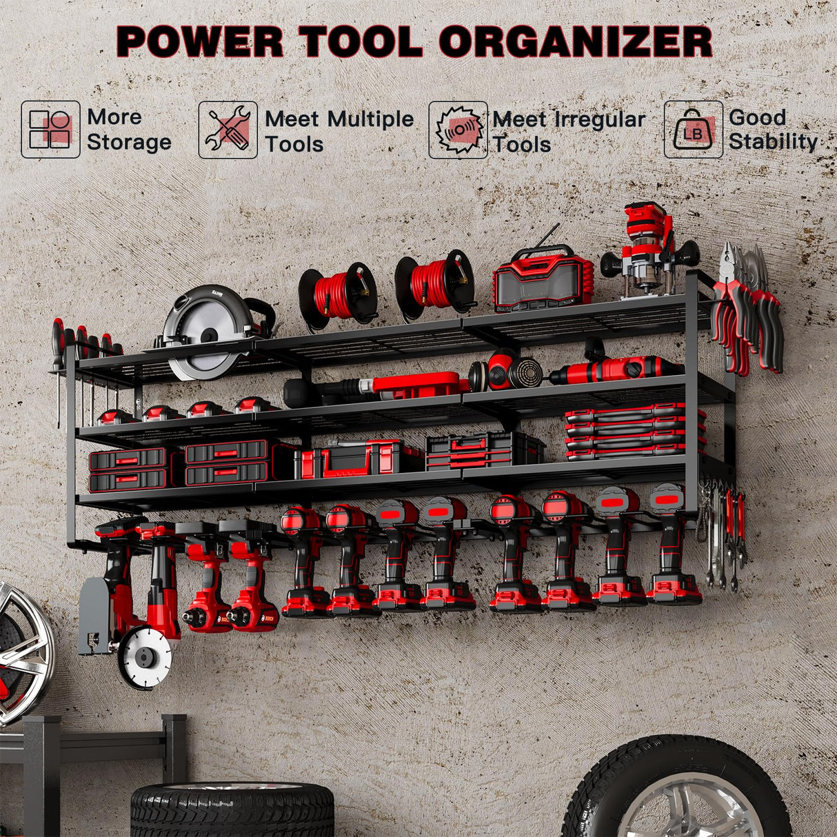 NattyDot Large Power Tools Organizer Wall Mount,12 Drill Holder for Garage, Workshop Heavy Duty Storage Rack NattyDot