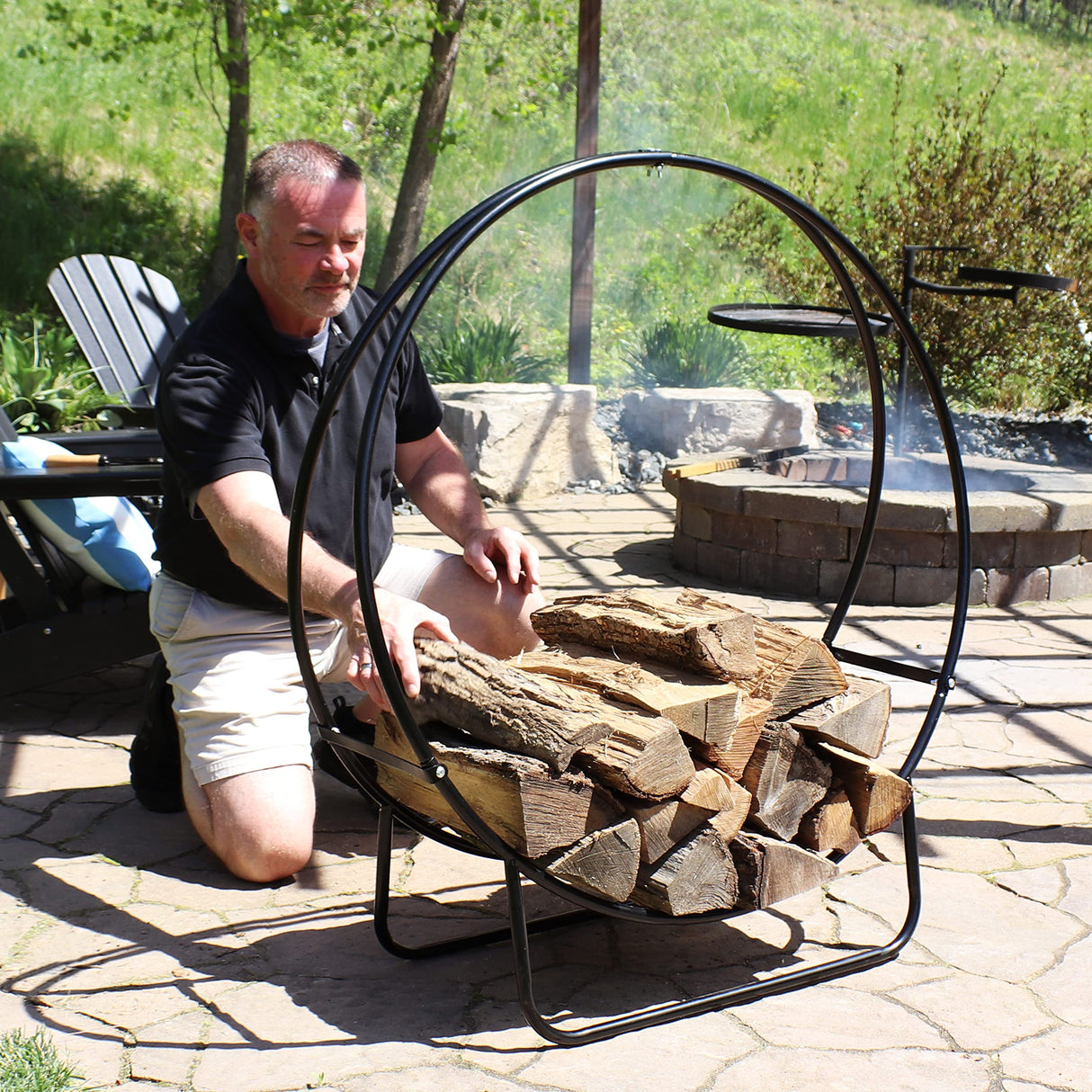 Sunnydaze 48-Inch Firewood Log Rack Hoop - Indoor/Outdoor Round Tubular Steel Wood Storage Holder Sunnydaze