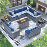 UDPATIO 13 Piece Patio Furniture Set with Fire Pit Table, 8''Wide Armrest Modular Rattan Outdoor Sectional Sofa Set,Wicker Patio Conversation Sets for Backyard,Deck w/ 4'' Cushions,Cover(Grey/Blue) UDPATIO