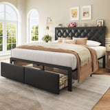 Fluest Queen Bed Frame with 2 Storage Drawers, Upholstered Headboard Button Tufted Bed Frame with Charging Station, No Box Spring Needed, Noise-Free, All Metal Structure, Black Fluest