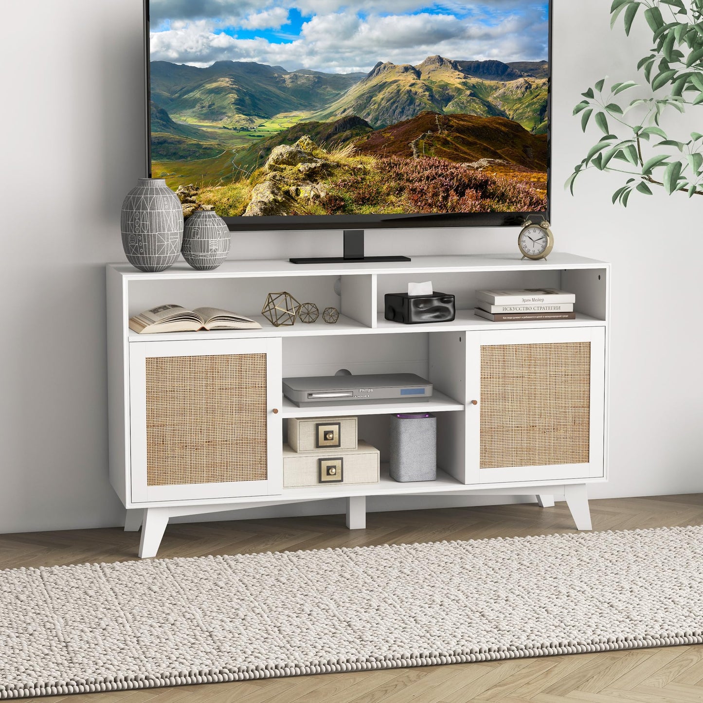 HOMCOM Boho TV Stand for 65 Inch TVs, Entertainment Center with Storage, Media TV Console Table with Rattan Doors, Adjustable Shelves and 2 Cord Holes for Living Room, White - WoodArtSupply