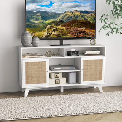 HOMCOM Boho TV Stand for 65 Inch TVs, Entertainment Center with Storage, Media TV Console Table with Rattan Doors, Adjustable Shelves and 2 Cord Holes for Living Room, White - WoodArtSupply