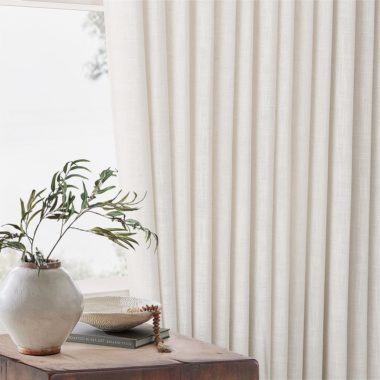 Pinch Pleated Linen Curtains 108 Inches long for Living Room 2 Panels Set Cream Ivory Flax Double Pleated Drapes Back Tab Neutral Boho Ceiling Floor 108 Inch Window Curtains Bedroom Natural Birch TWODRAPES