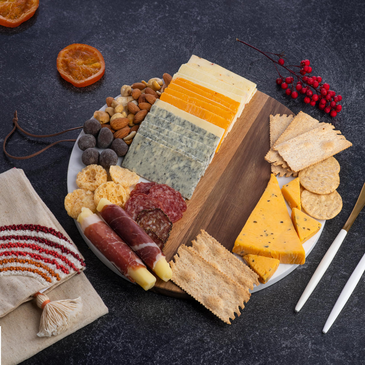 Marble And Wood Cutting Boards For Kitchen - Engagement Gifts For Couples, Personalized Wood And Marble Charcuterie Board, Personalized Round Cutting Board - Marble Cheese Board Glam Celebration