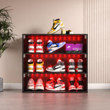 Stackable Sneaker Storage with LED Lights for Up to 9 Pairs of Shoes, Three Layers Shoe Rack with Thick Glass Door, Clear Shoe Boxes Sleek Wooden Showing Shoe Rack for Space Saving, Black Banzeem