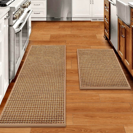 eqivei Kitchen Rugs and Mats Non Skid Washable Set of 2 PCS, Absorbent Runner Rugs for Kitchen, Farmhouse Weave Floor Mats in Front of Sink, 17.3"x 47"+17.3"x 29" (Brown) eqivei