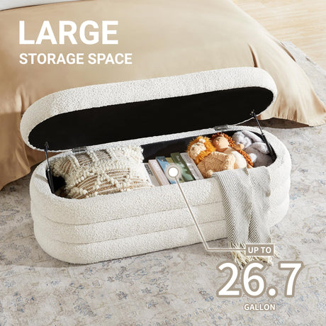 Busaurus Storage Ottoman Bench 49.2 Inch Upholstered Fabric Storage Bench for Bedroom End of Bed Aesthetic Large Oval Storage Ottoman for Living Room Entryway (Ivory) Busaurus
