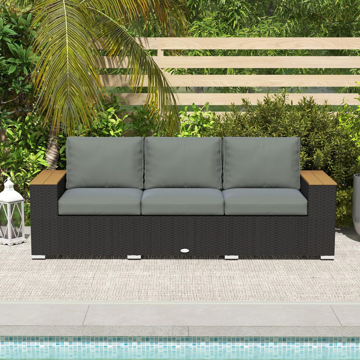 Outsunny 3-Seat Outdoor Patio Sofa with Cushions, PE Rattan Wicker Sofa with Wood Grain Wide Armrests, Outdoor Wicker Couch for Porch, Garden, Sunroom, Poolside, Dark Gray Outsunny