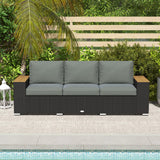 Outsunny 3-Seat Outdoor Patio Sofa with Cushions, PE Rattan Wicker Sofa with Wood Grain Wide Armrests, Outdoor Wicker Couch for Porch, Garden, Sunroom, Poolside, Dark Gray Outsunny
