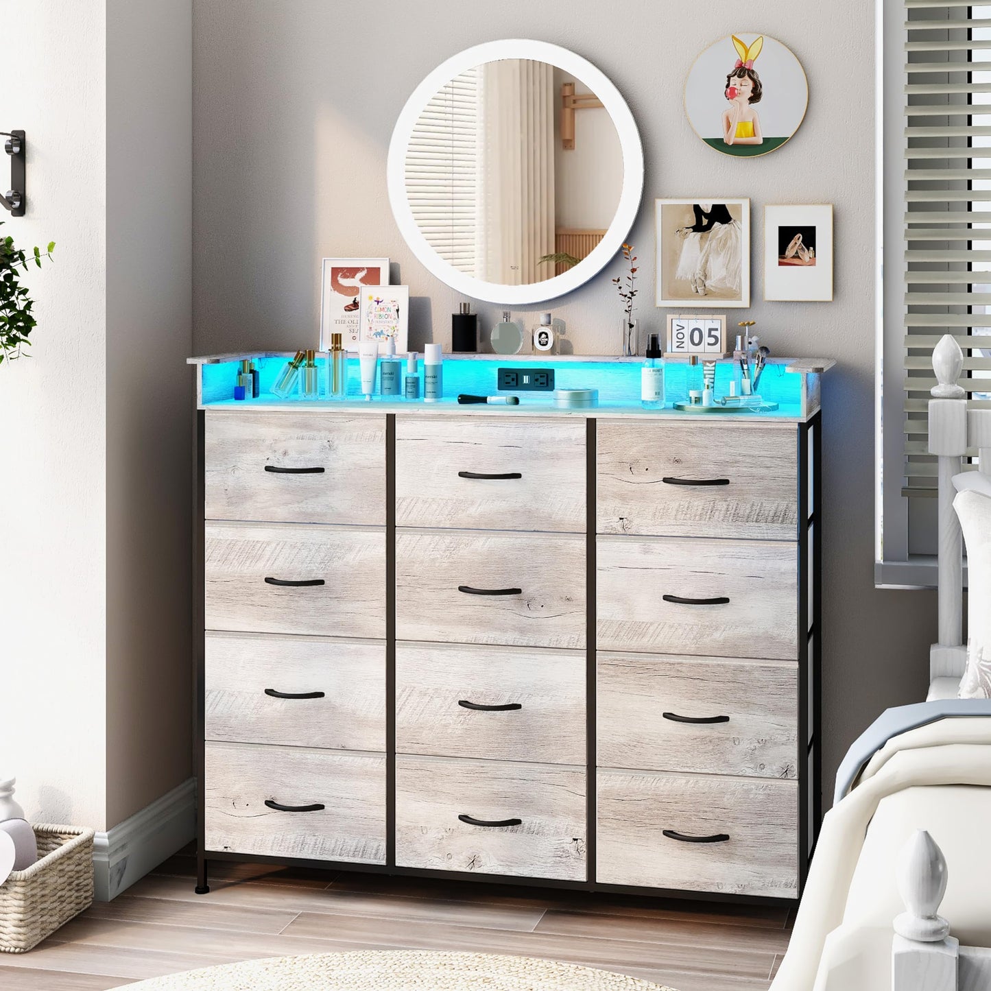 Welfuturer Dresser for Bedroom with 12 Drawers LED Dressers & Chests of Drawers Charging Station Fabric Dresser Storage Organizer Unit for Hallway Entryway Closets Sturdy Steel Frame Wood Top - WoodArtSupply