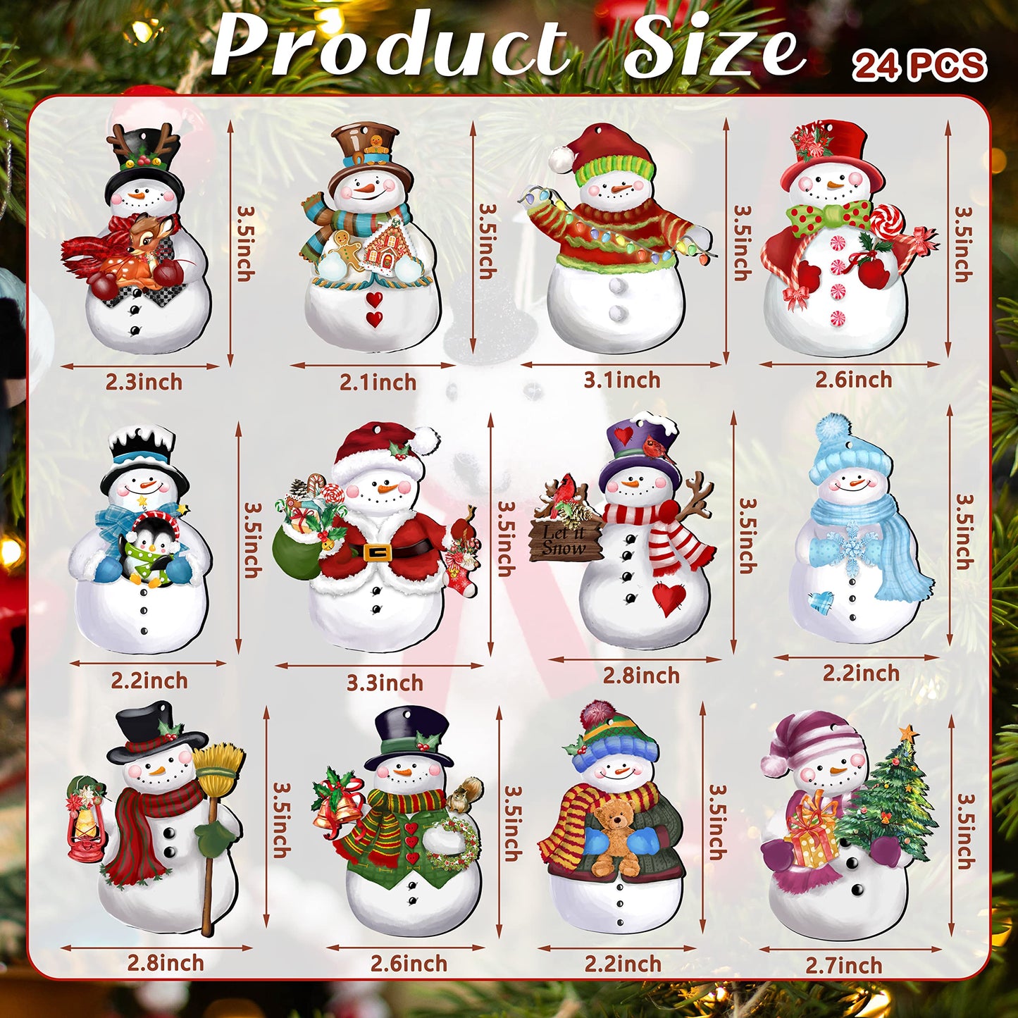 24 Pieces Christmas Snowman Wooden Ornaments Wood Hanging Decoration Set for Christmas Tree Hanging Wood Crafts Holiday Decor Xmas Party Supplies