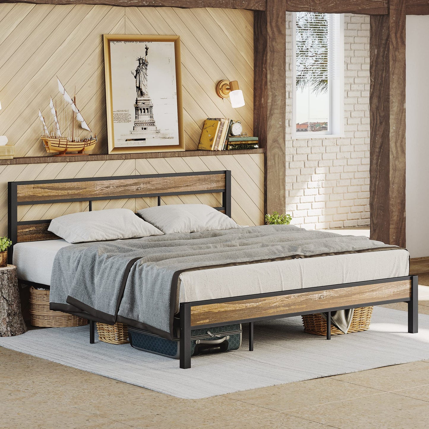 Rustic Brown LIKIMIO King Bed Frame with Headboard – Easy Assembly, Noise-Free, No Box Spring Required - WoodArtSupply