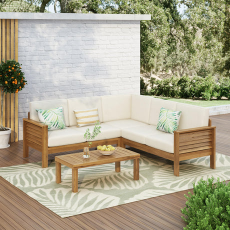 Christopher Knight Home Havets 81.25" Sectional L Shaped Sofa, 4 Pieces Acacia Wood Patio Furniture Set, Slat Coffee Table, Spacious Seat and Table Set for Backyard Garden Balcony, Teak+Beige Christopher Knight Home
