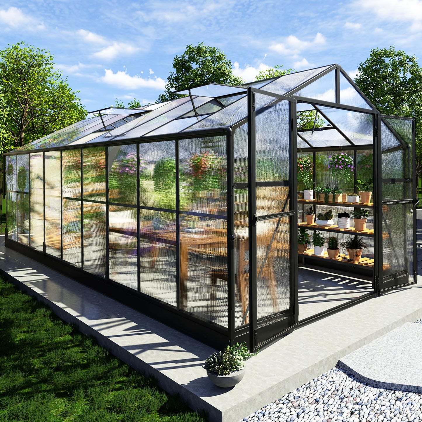 AMERLIFE 8x18x7FT Polycarbonate Greenhouse, Walk in Greenhouse with Quick-Connect System, Green House with 4 Vent Windows and swing lockable door, Greenhouses for Outdoors, Sunroom Black