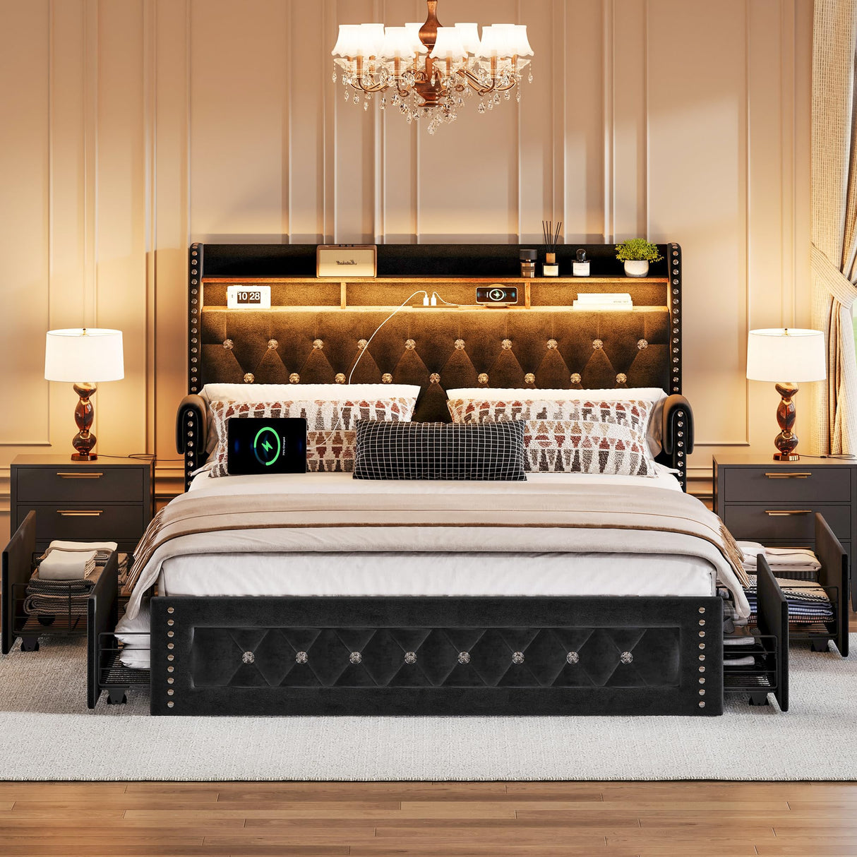 Ailisite Queen Size Bed Frame with 4 Storage Drawers and RGB Led Lights,Velvet Upholstered Queen Platform Bed with Charging Station and Bookcase Storage Headboard, with Crystal and Rivet Deco, Black Ailisite