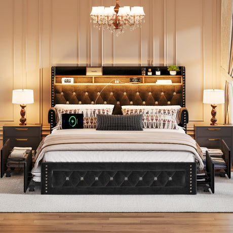 Ailisite Queen Size Bed Frame with 4 Storage Drawers and RGB Led Lights,Velvet Upholstered Queen Platform Bed with Charging Station and Bookcase Storage Headboard, with Crystal and Rivet Deco, Black Ailisite