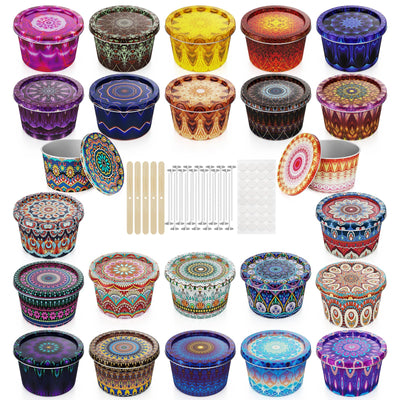 Happyhube Empty Candle Tins - 24 Pack 2.2 oz Metal Containers, DIY Candle Making Kits, Travel-Friendly Rust-Proof Tins with Lids (24 Patterns Jars)