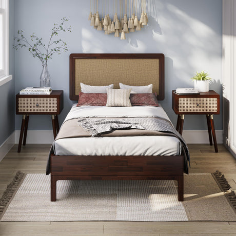 Bme Nipe 14 Inch Bohemian Bed Frame with Adjustable Woven Headboard - Rustic & Vintage Unique Style with Acacia Wood - No Box Spring Needed - Easy Assembly - Twin, Walnut Bme