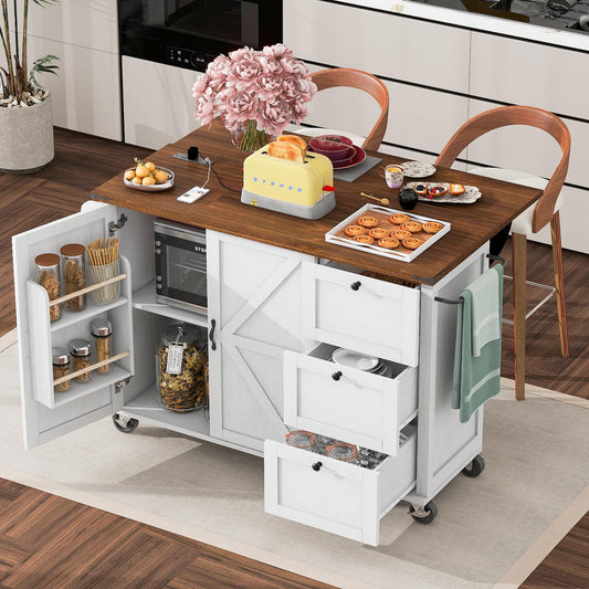 YOPTO Farmhouse Kitchen Island with Power Outlet,Kitchen Storage Island W/Internal Storage Rack,Drop Leaf,Spice Rack,Rolling Kitchen Cart on Wheels for Home,Kitchen and Dining Room,White,54.5"