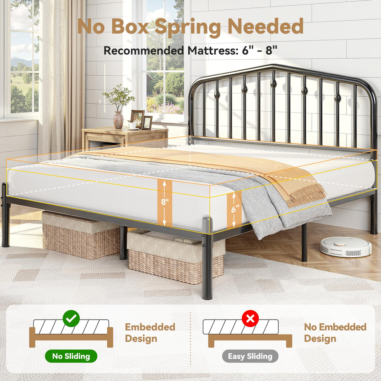 Susalt 14 Inch Queen Bed Frame, Sturdy Rustic Metal Bed Frame Queen Size, Queen Bed Frame with Headboard and 12.5" Under Bed Space, Curved Corner/No Noise/Easy Assembly/No Box Spring Needed, Black Susalt