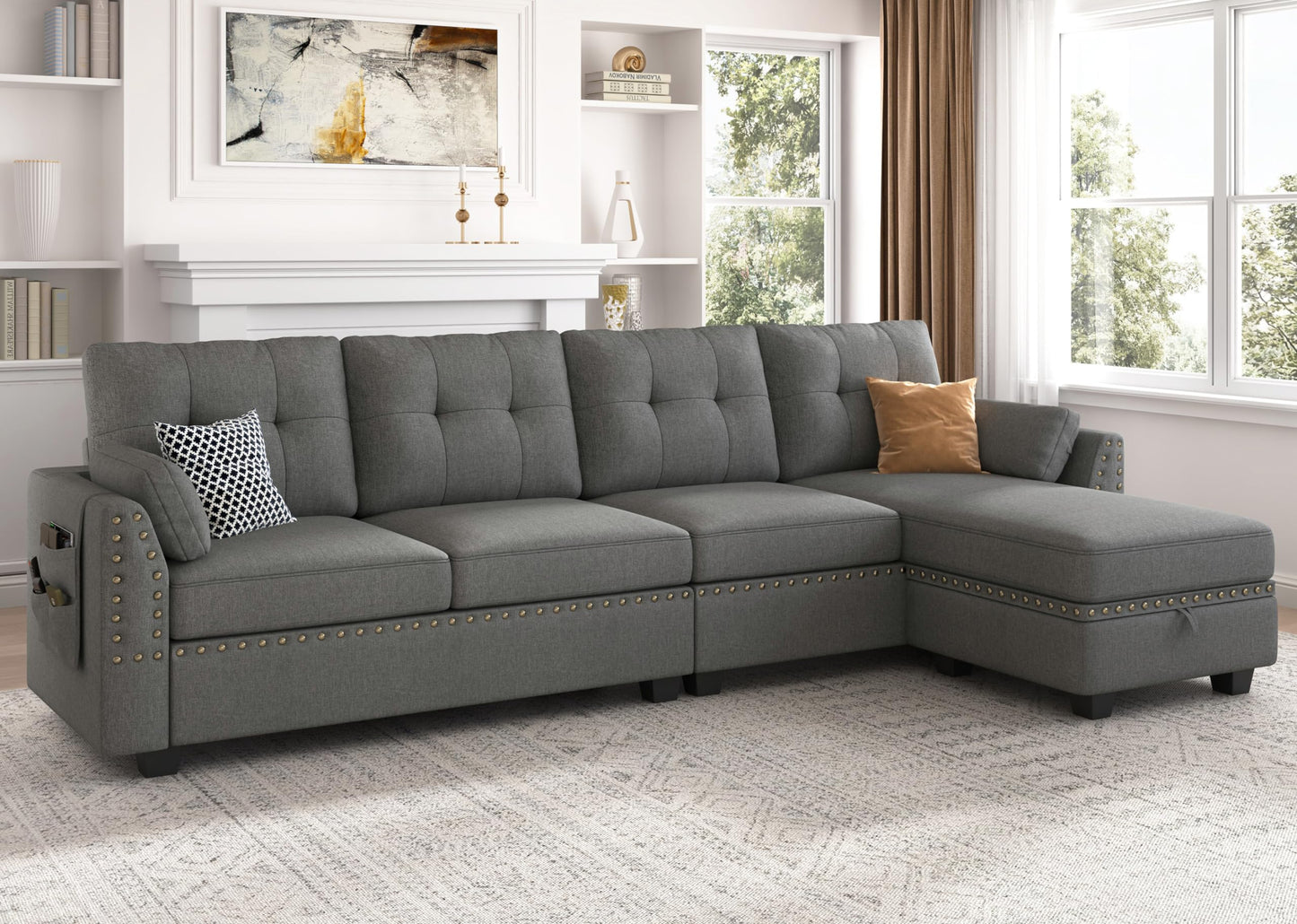 HONBAY Reversible Sectional Sofa L-Shape Sofa Convertible Couch 4-Seater Sofas Sectional for Apartment Dark Grey