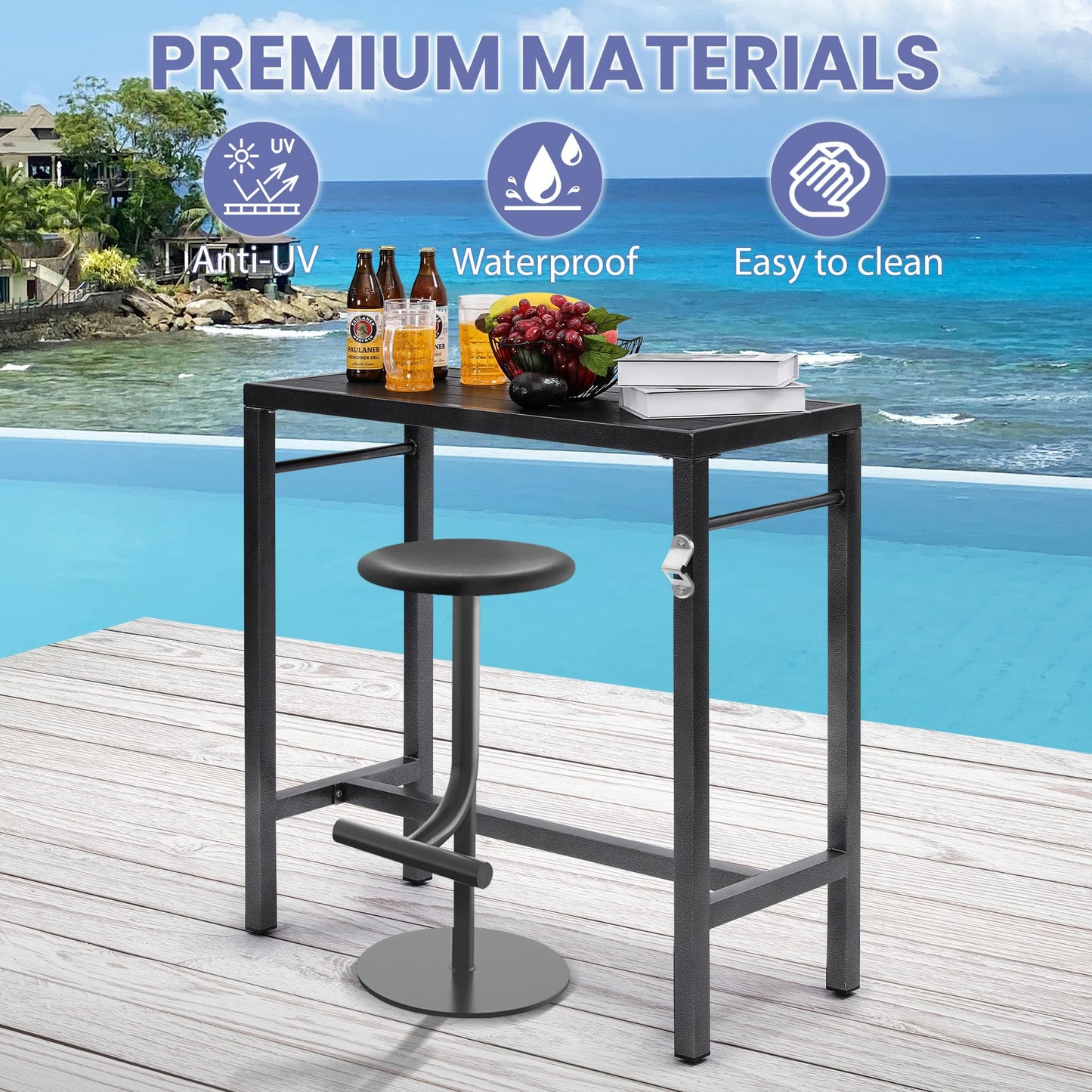 Murago 39 Inch Black Counter Height Bar Table with Composite Top and Built-in Bottle Opener