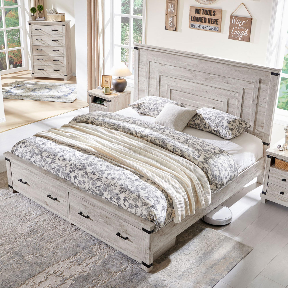 T4TREAM Farmhouse King Size Bed Frame with 54" Tall Geometric Headboard & 2 Large Storage Drawers, Rustic Wood Platform Bed with Wood Slats Support, No Box Spring Needed, Antique Brushed White T4TREAM