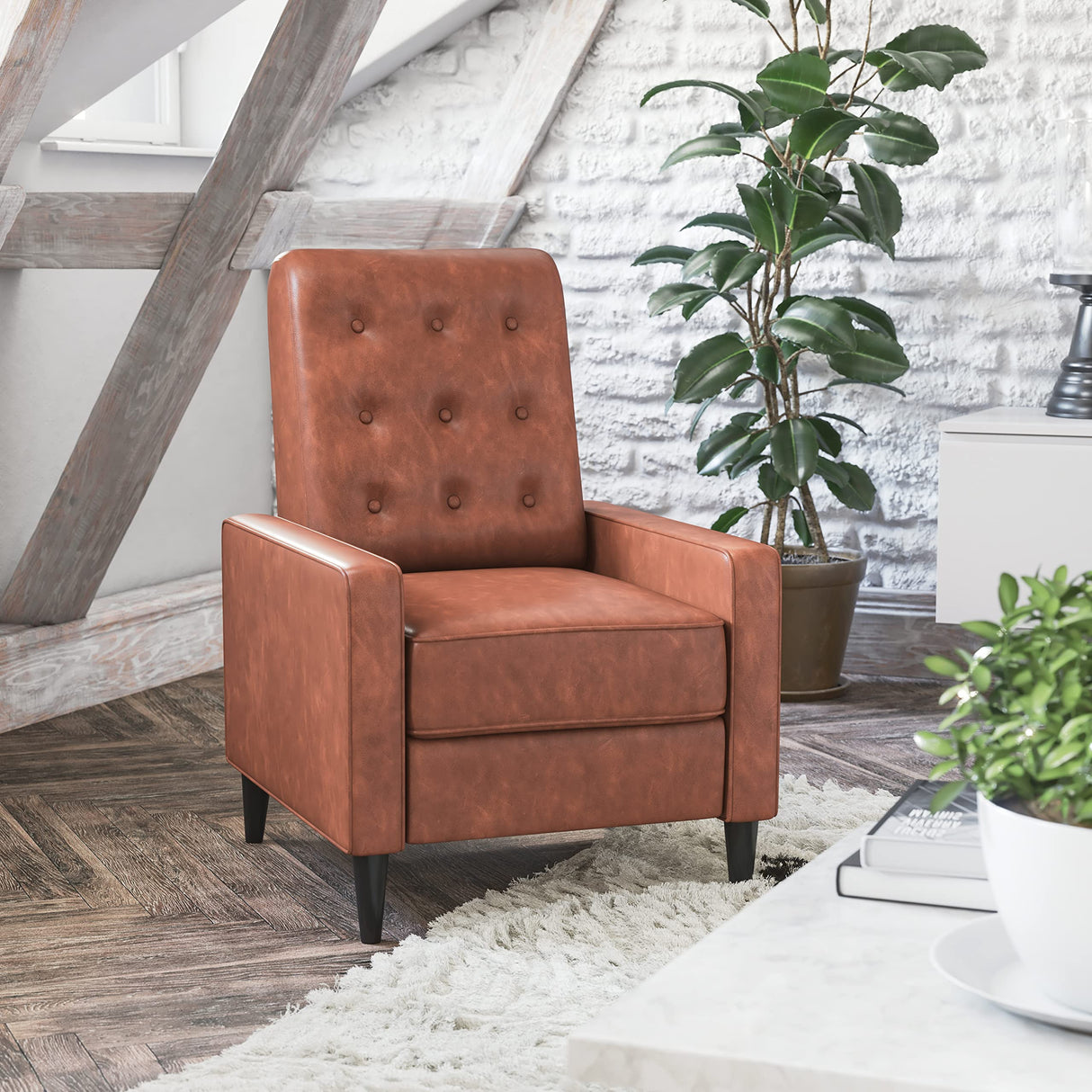 Flash Furniture Erza LeatherSoft Button Tufted Pushback Recliner, Mid-Century Modern Recliner Chair for Residential and Commercial Use, Cognac Brown Flash Furniture