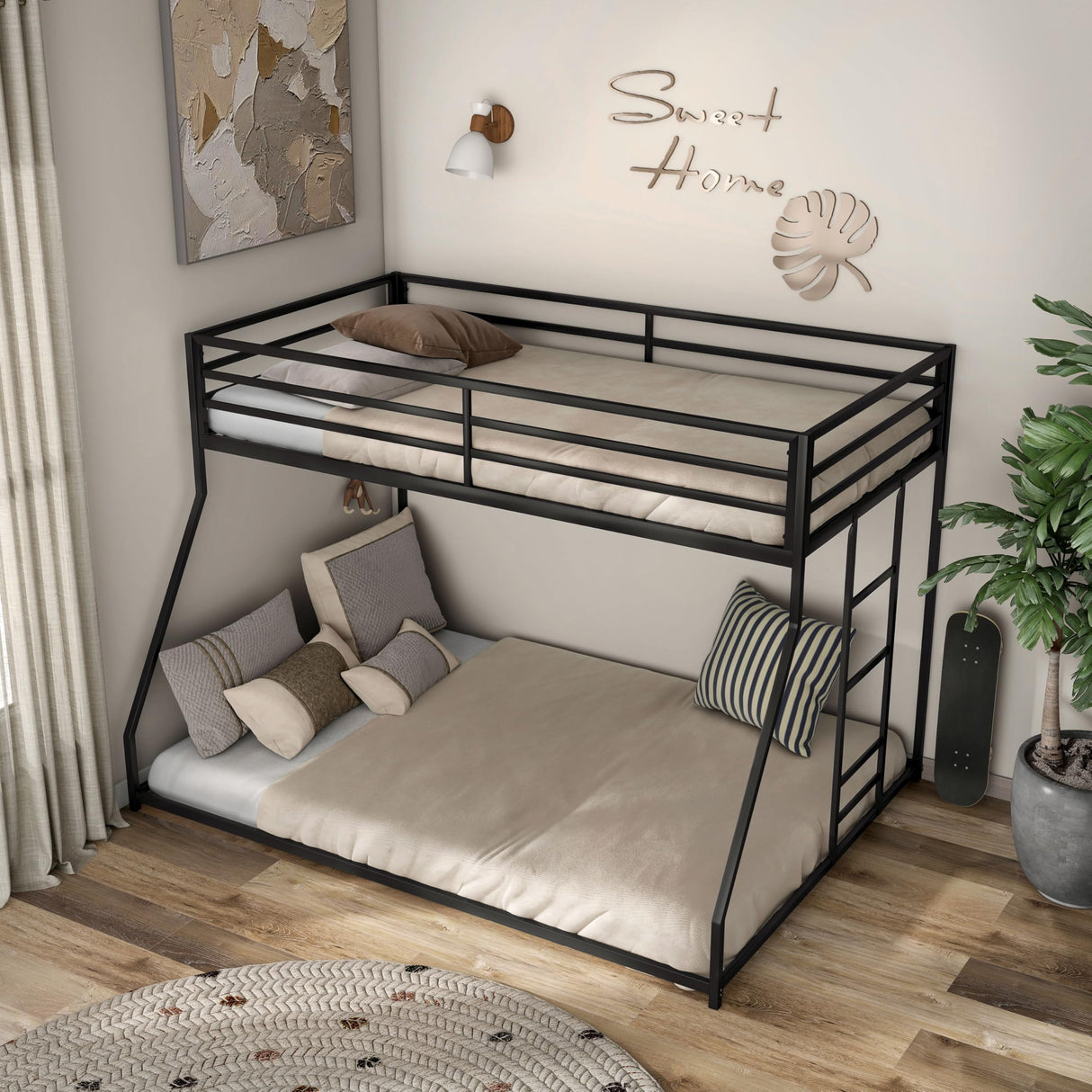 Furniture of America Dravenor Modern Metal Twin Over Full Low Profile Bunk Bed with Reversible Ladder and Twnty-Two Slats, No Box Spring Required, for Kids, Bedroom, Dorm, Black Furniture of America