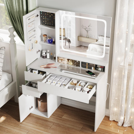 Makeup Vanity Desk Mirror with Lights, White Vanity Desk with Glass Top, Makeup Vanity with Power Outlet, Dressing Table with Jewelry Cabinet, 3 Drawers, Vanity for Women Maupvit