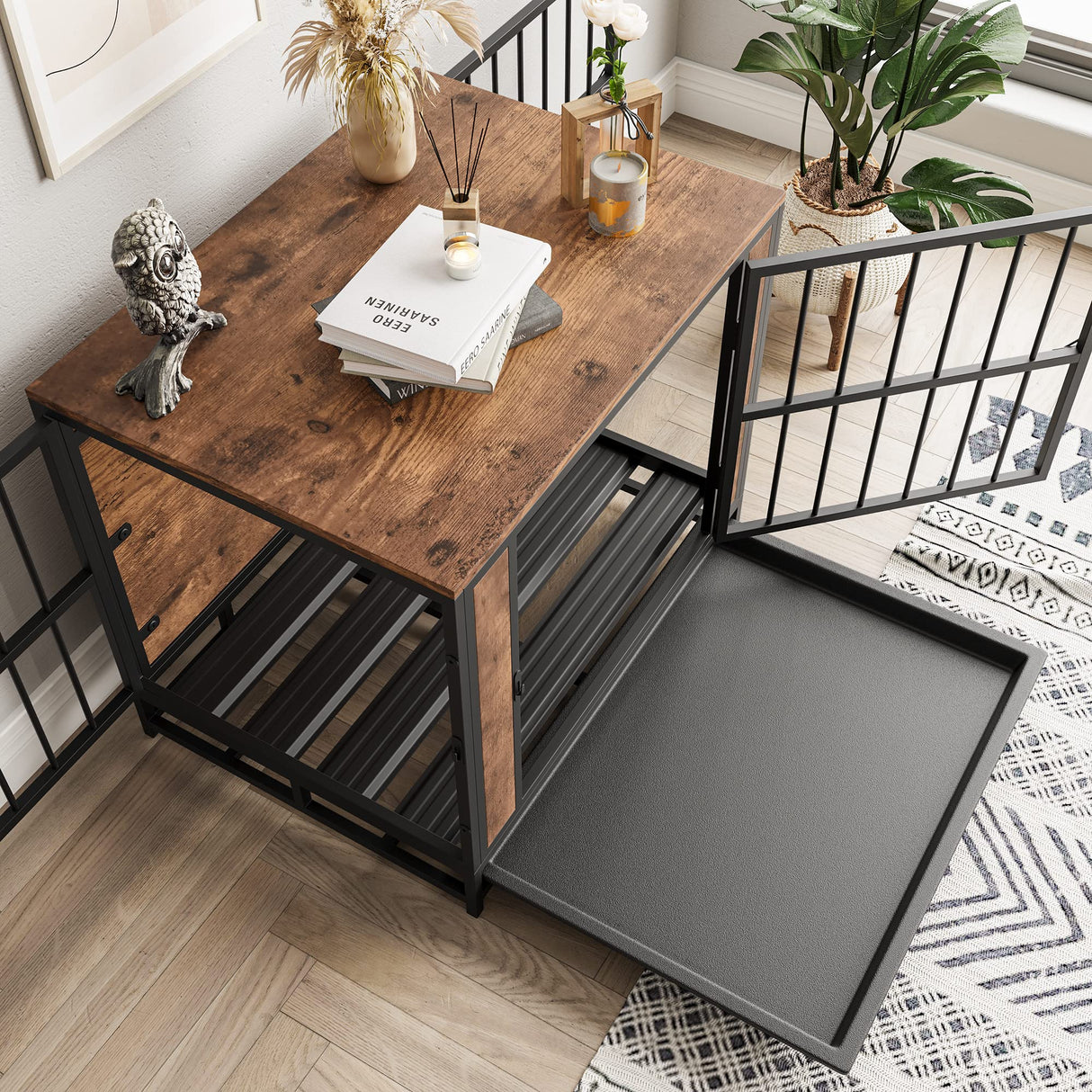 FOUBAM Dog Crate Furniture, Metal and Wooden Dog Crate, Dog Kennels with 3 Doors Indoor, Pet Puppy Crate End Table for Small Dog, Heavy Duty Dog House, Rustic Black and Brown FOUBAM