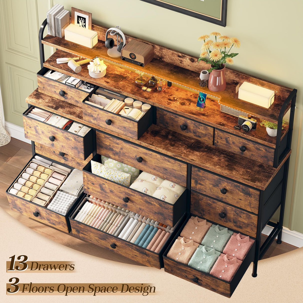 EnHomee 51.2" W Dresser for Bedroom with LED Lights, 13 Drawer Dresser for Bedroom, Long Dressers & Chests of Drawers with Shelves, Large Fabric Dresser for Closet Hallway, Rustic Brown EnHomee