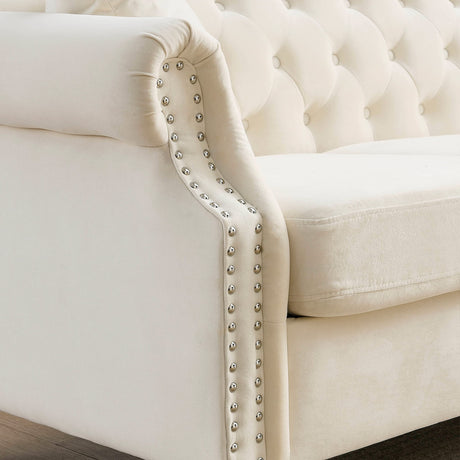 79" Velvet Chesterfield Sofa for Living Room,3 Seater Sofa Button Tufted Nailhead Trimming Curved Backrest Rolled Arms with Wood Legs with 2 Pillows,Bedroom,Office (Beige Velvet, 79*30*32") Fulocseny