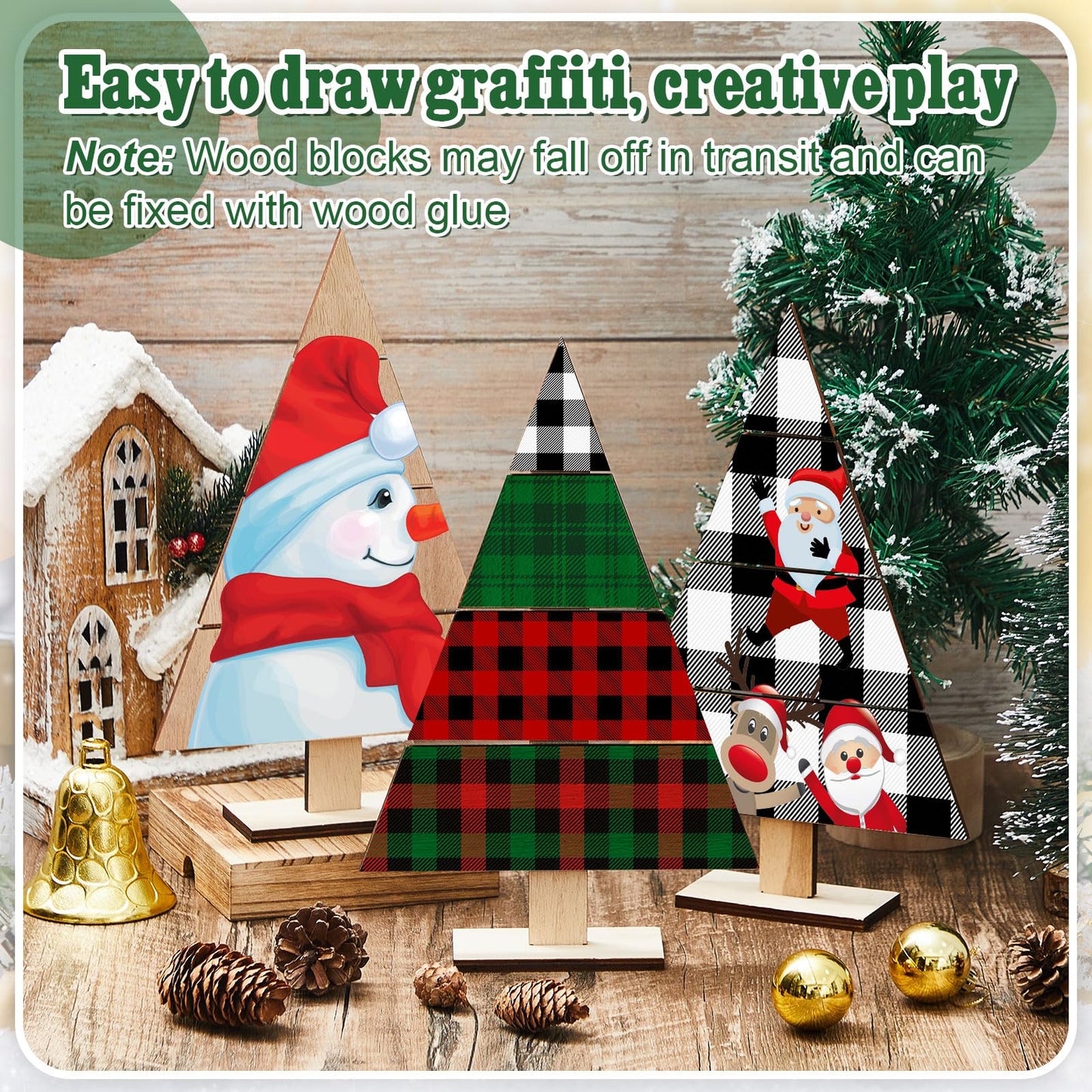 Soaoo 8 Pcs Christmas Standing Wood Pallet Christmas Tree Unfinished DIY Wooden Ornaments Kit Rustic Wooden Crafts 12 Colors Pigment Palettes and Paint Brushes(11.81 x 7.48 Inch)