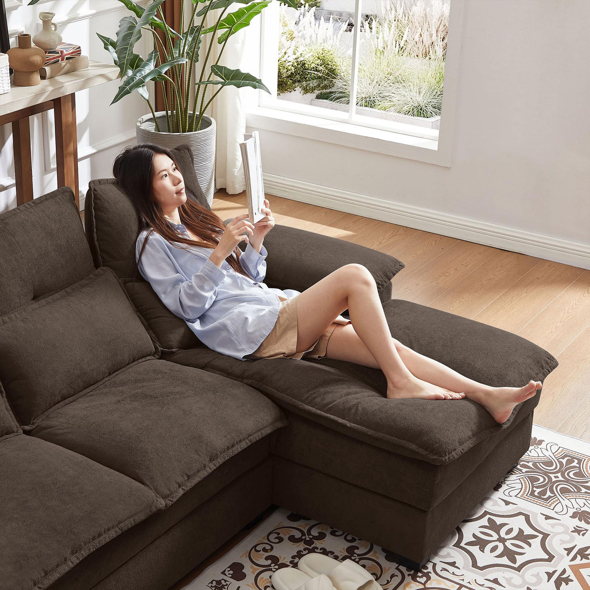 Enobala 110" Comfy Cloud Couch Sectional Sofa with Lumbar Pillows, Modern U-Shaped Cloud Sofa with Double Chaise & Deep Seat for Living Room, or Office, Easy Assembly, Dark Coffee Enobala