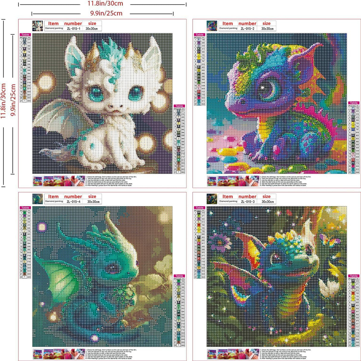 VeGuude Diamond Painting Kits for Adults - 4 Pack Dragon Zodiac DIY 5D Diamond Art Kits Full Drill Diamond Dots Paintings with Diamonds Gem Art and Crafts Home Decor 12x12inch VeGuude