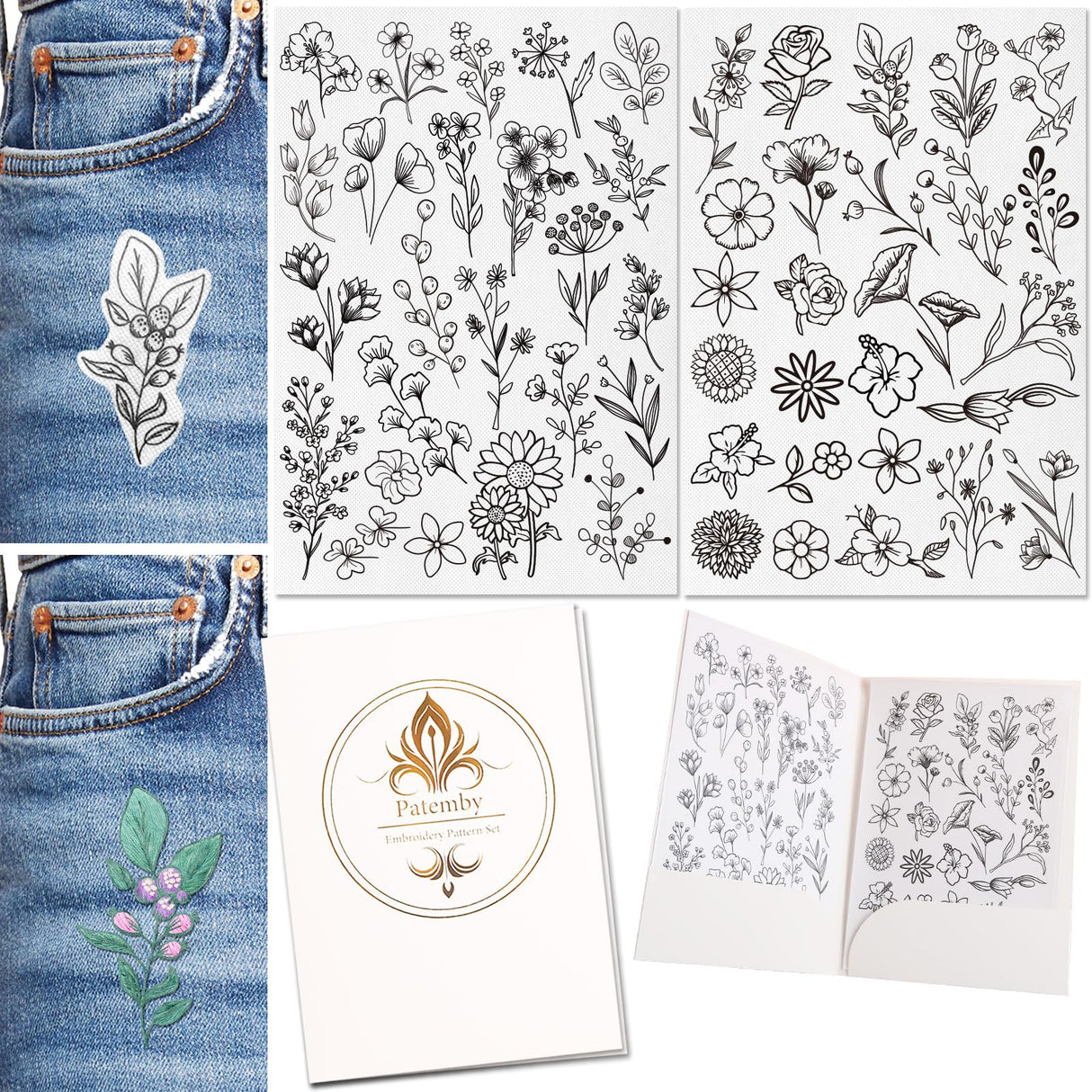 Patemby 50Pcs Water Soluble Embroidery Stabilizers, Stick and Stitch Embroidery Paper with Pre-Printed Flowers and Leaves Pattern Transfers for Hand Sewing Lover Beginners (Flower) Patemby