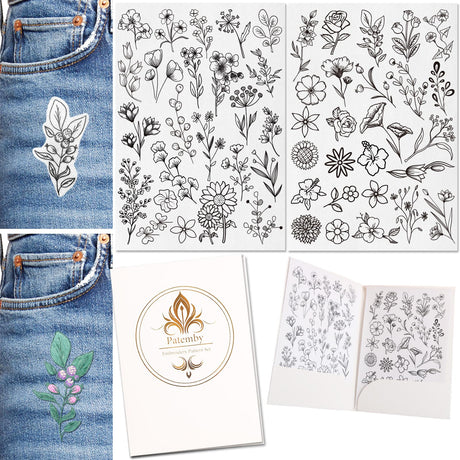 Patemby 50Pcs Water Soluble Embroidery Stabilizers, Stick and Stitch Embroidery Paper with Pre-Printed Flowers and Leaves Pattern Transfers for Hand Sewing Lover Beginners (Flower) Patemby