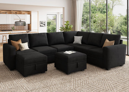 HONBAY Modular Sectional Couch with Storage, Velvet U-Shaped Sectional Sofa with Storage Ottoman Convertible U-Shaped Sofa for Living Room, Black