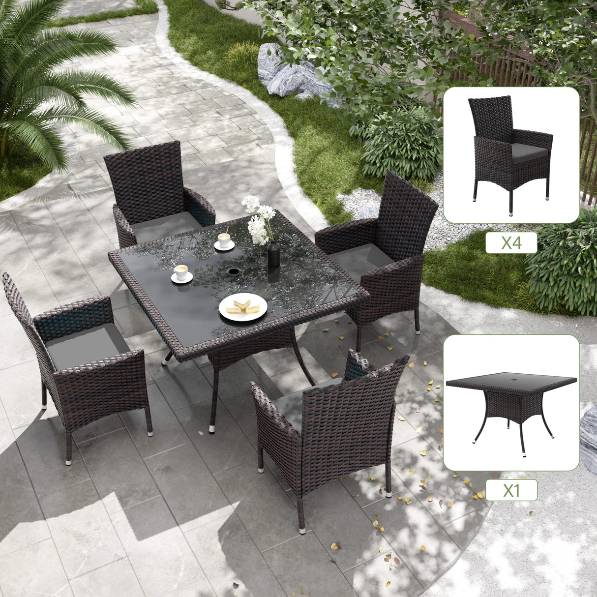 Kurapika 5-Piece Patio Furniture Outdoor Dining Set, Wicker Rattan Patio Dining Table and 4 Chairs Set, Square Tempered Glass Tabletop with Umbrella Hole, for Patio, Backyard, Grey Kurapika