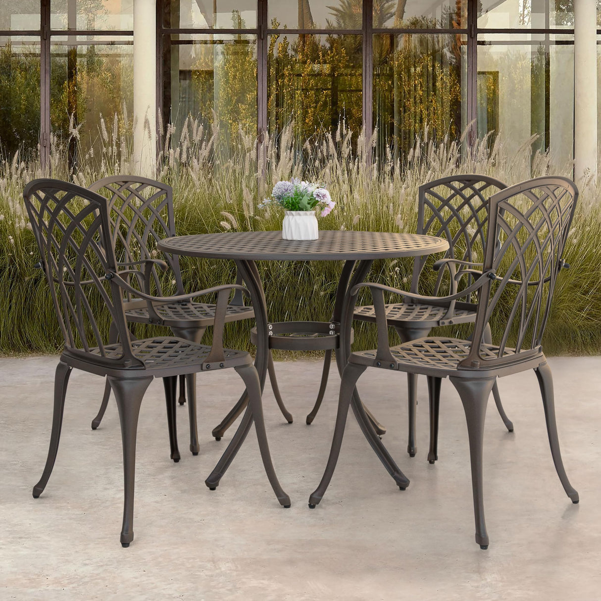 NUU GARDEN 5 Piece Patio Dining Set, 33" Round Cast Aluminum Dining Table with 1.97" Umbrella Hole and 4 Patio Dining Chairs for Backyard, Patio, Garden, Balcony, Brown with Gold Point NUU GARDEN
