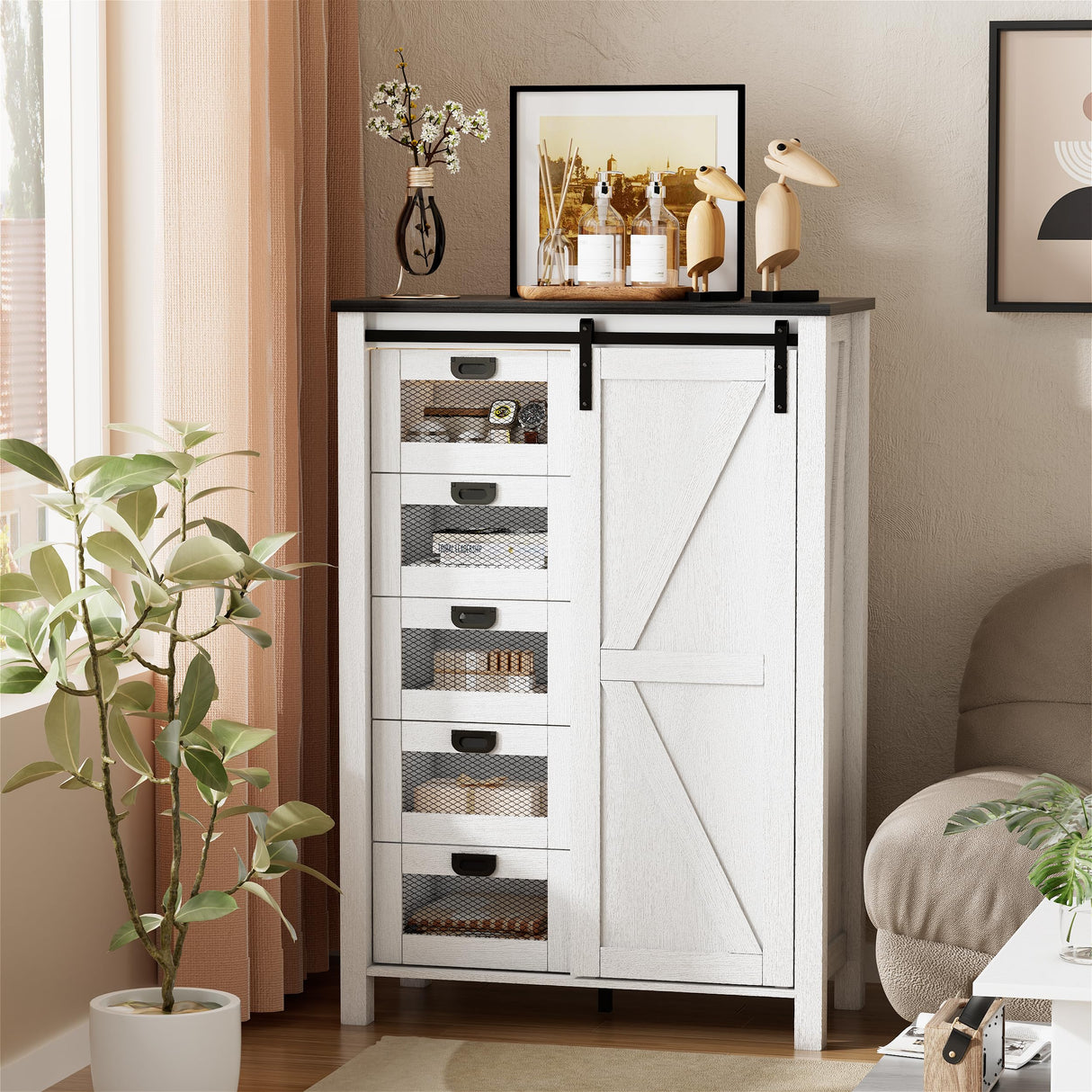 SDMY 5 Drawers Dresser for Bedroom w/Sliding Barn Door, 5 Drawer Tall Dresser, Farmhouse Chest of Drawers, Storage Organizer Dresser for Bedroom, Hallway, Living Room, Kids Room (White) SDMY