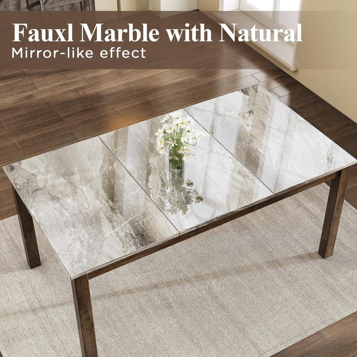 HOPETANA 7-Piece Rectangular Dining Table Set - Faux Marble Top, Farmhouse Style Kitchen Furniture for Family Gatherings and Holiday Meals HOPETANA