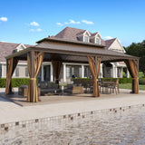 GAZEBEST 14' X 22' Permanent Hardtop Gazebo, Outdoor Galvanized Steel Double Roof Pavilion Pergola Canopy with Aluminum Frame and Privacy Curtains for Garden Patio,Patio Backyard,Deck and Lawns GAZEBEST