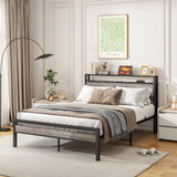 BOFENG Heavy Duty Full Size Bed Frame with Storage Headboard and Charging Station, Grey Oak BOFENG