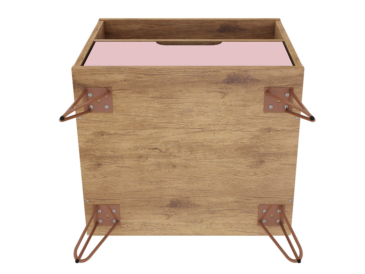 Manhattan Comfort Rockefeller Nightstand with Drawer and Cubby, Mid Century Modern Bedside Table, Minimalist Display and Storage Organizer, Ideal for Bedroom and Living Room, Nature/Rose Pink Manhattan Comfort