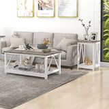 UYIHOME Farmhouse Coffee Table and End Table Set, Oak Grey Wooden Living Room Furniture with Slats Base, Oak Grey UYIHOME
