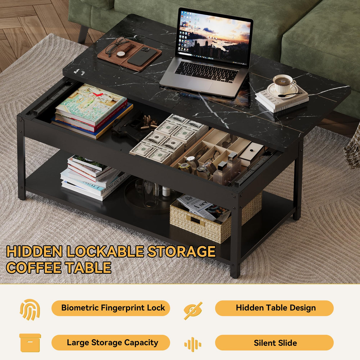 SmartEdge Coffee Table with Gun Safe with Biometric Lock, Lock Storage Table Designed for Firearms and Wine, Hidden Gun Storage for Jewelry Money Rifles Pistols and Ammo (Black Marble Wood) SmartEdge